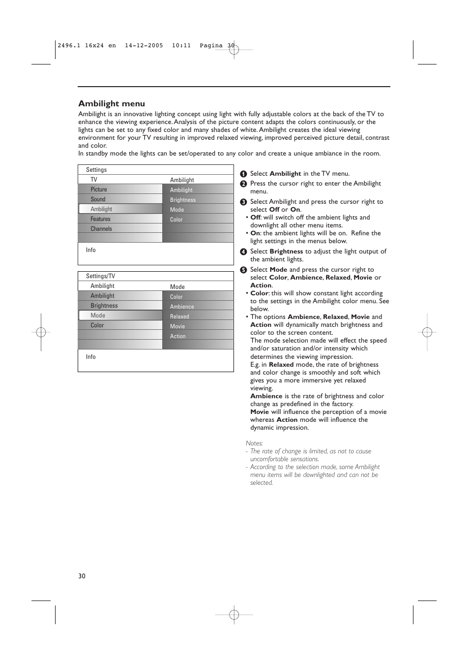 Ambilight menu | Philips 50PF9830A-37B User Manual | Page 34 / 244