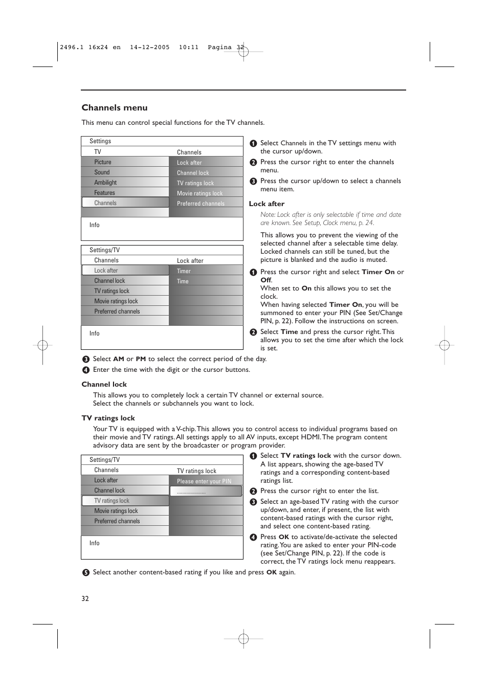 Channels menu | Philips 50PF9830A-37B User Manual | Page 36 / 244