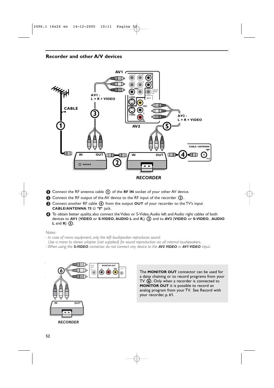 Recorder and other a/v devices, Recorder, Connect the rf antenna cable 1 of the | Socket of your other av device, Connect another rf cable 4 from the output, Of your recorder to the tv’s input, X jack, 3 and to, Connector do not connect any device to the, Input. the | Philips 50PF9830A-37B User Manual | Page 56 / 244