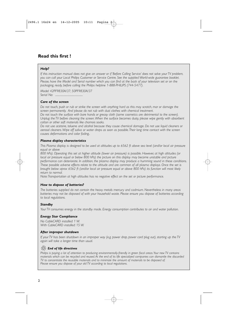 Read this first | Philips 50PF9830A-37B User Manual | Page 6 / 244