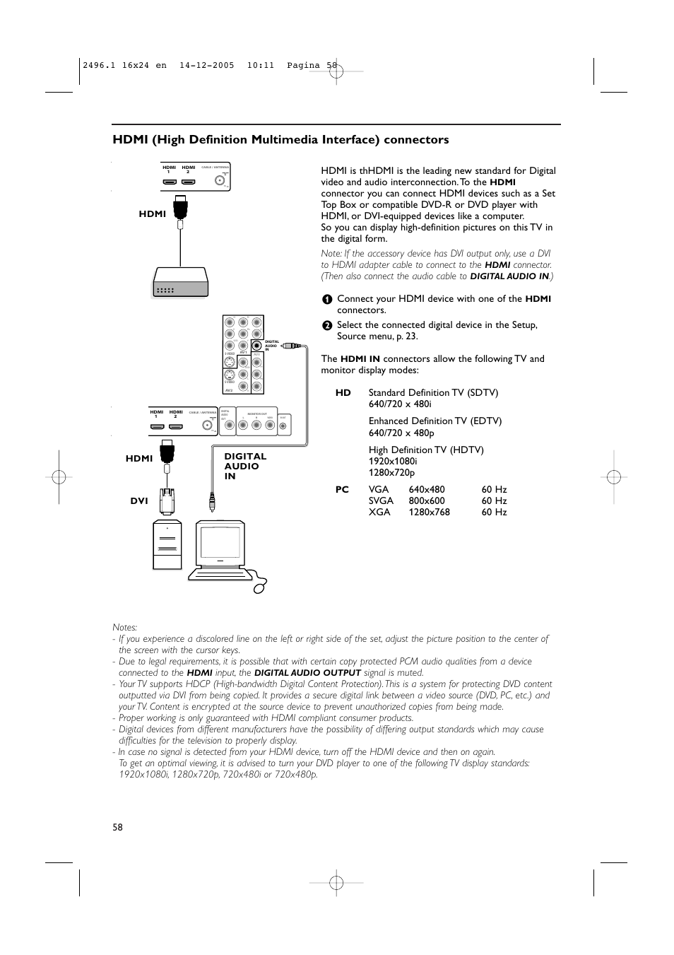 Input, the, Connector. (then also connect the audio cable to, Connect your hdmi device with one of the | Connectors, Hdmi, Hdmi dvi digital audio in | Philips 50PF9830A-37B User Manual | Page 62 / 244