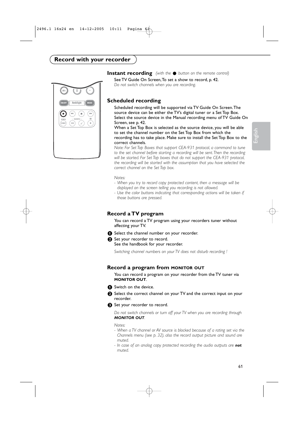 Record with your recorder, English instant recording, Scheduled recording | Record a tv program, Record a program from | Philips 50PF9830A-37B User Manual | Page 65 / 244