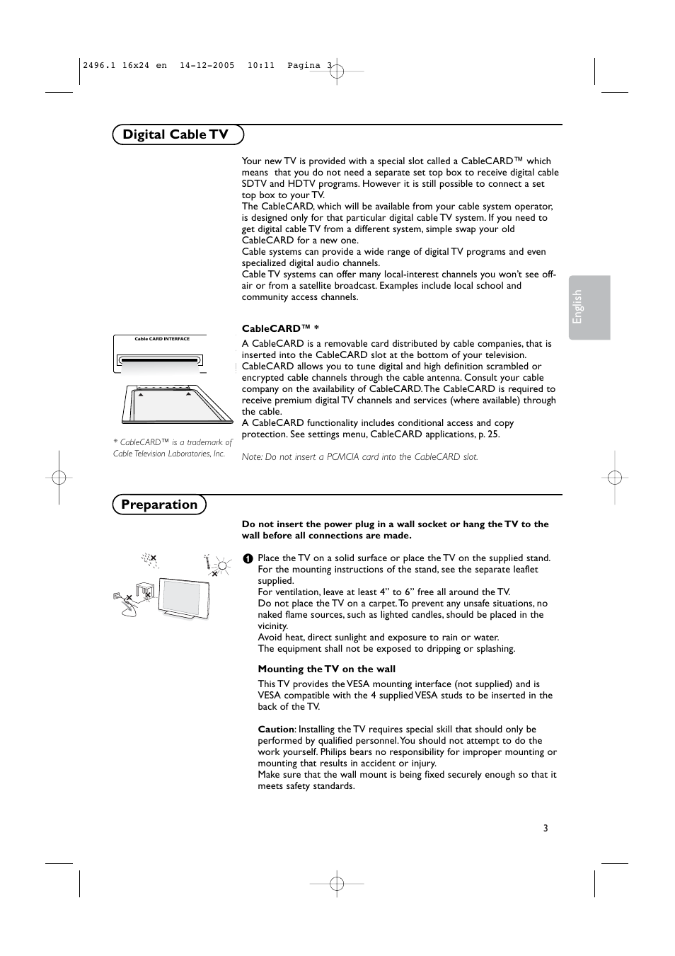 Digital cable tv, Preparation, English | Philips 50PF9830A-37B User Manual | Page 7 / 244