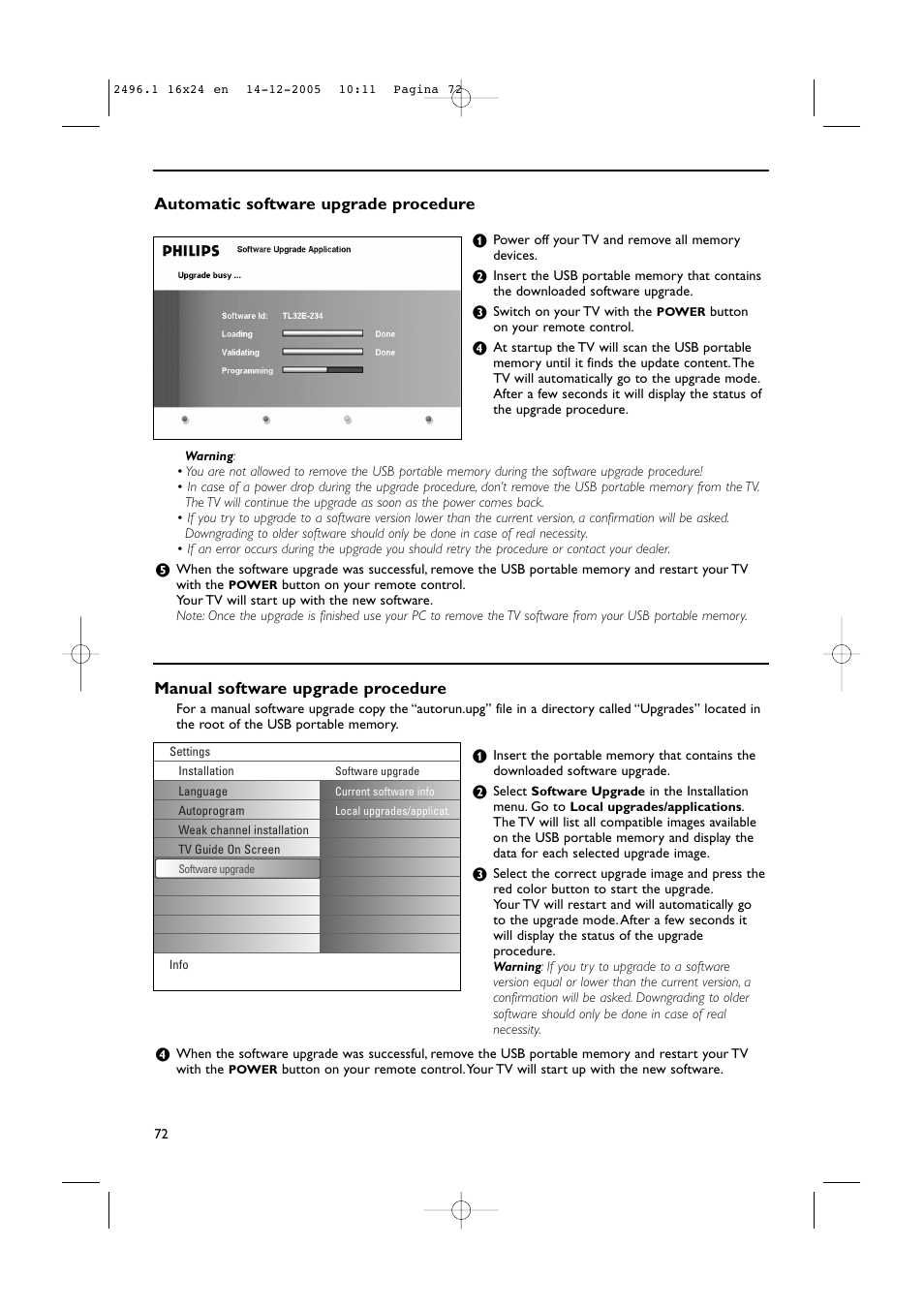 Automatic software upgrade procedure, Manual software upgrade procedure | Philips 50PF9830A-37B User Manual | Page 76 / 244