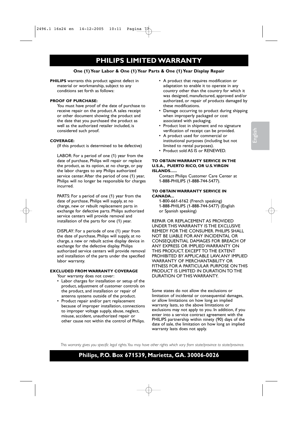 Philips limited warranty | Philips 50PF9830A-37B User Manual | Page 81 / 244