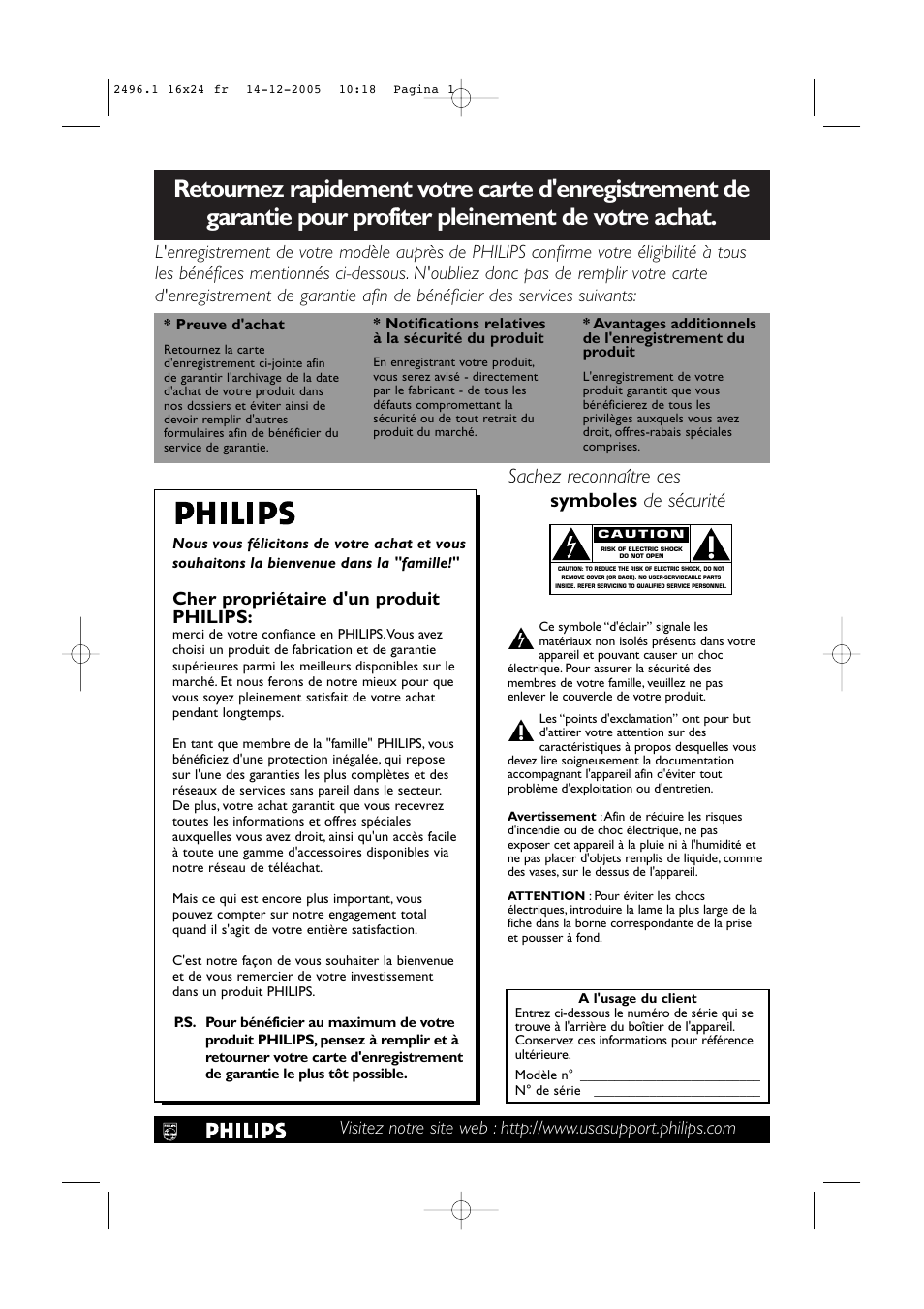 Sachez reconnaître ces symboles de sécurité, Cher propriétaire d'un produit philips | Philips 50PF9830A-37B User Manual | Page 83 / 244
