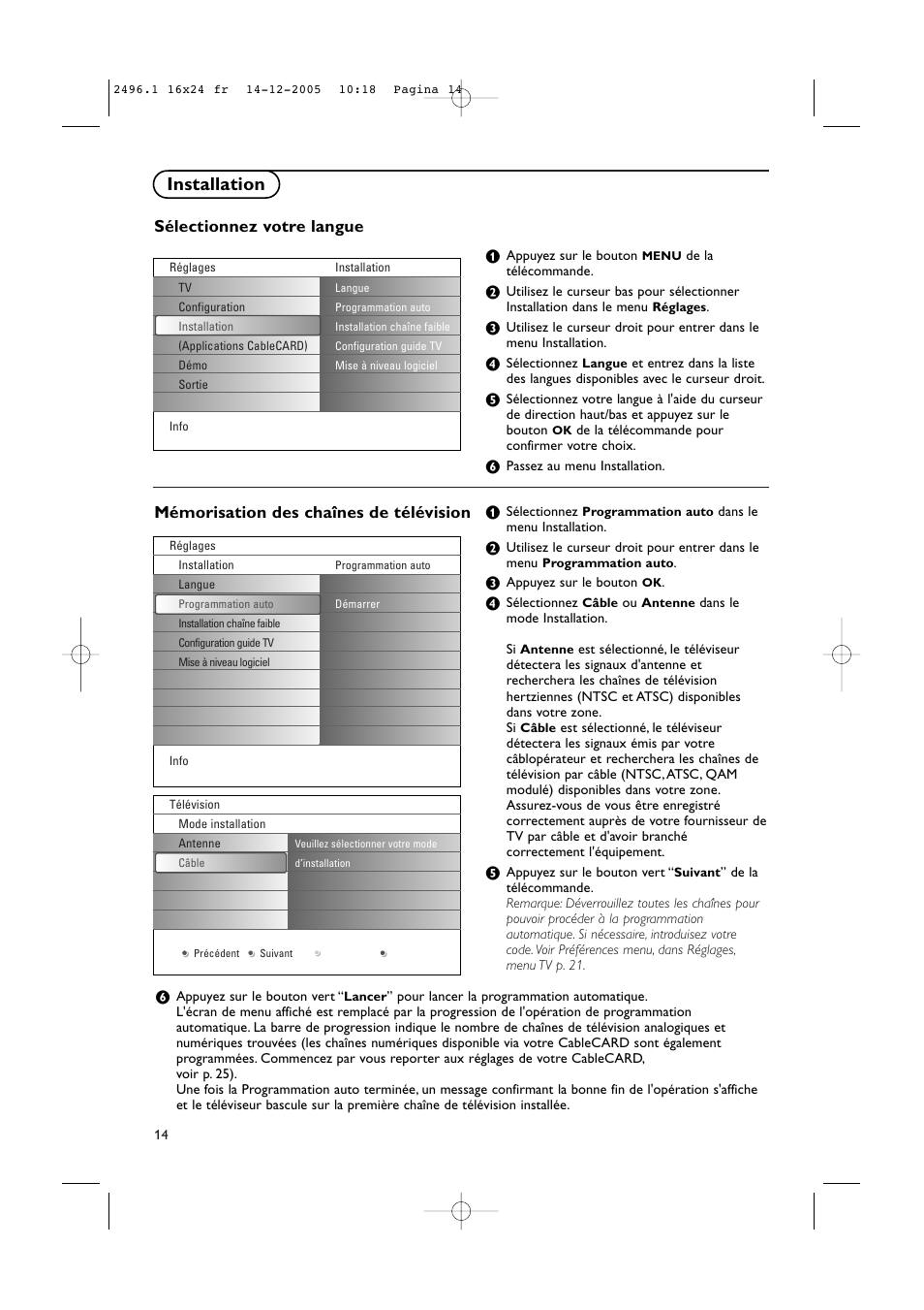 Installation, Mémorisation des chaînes de télévision, Sélectionnez votre langue | Philips 50PF9830A-37B User Manual | Page 98 / 244