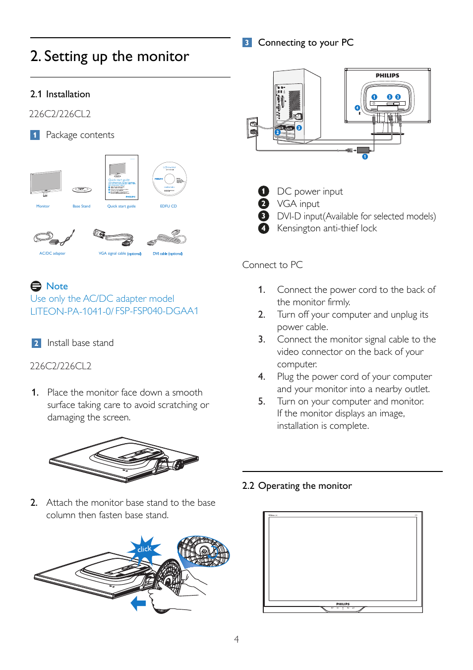 Setting up the monitor | Philips 226C2SB-00 User Manual | Page 6 / 50