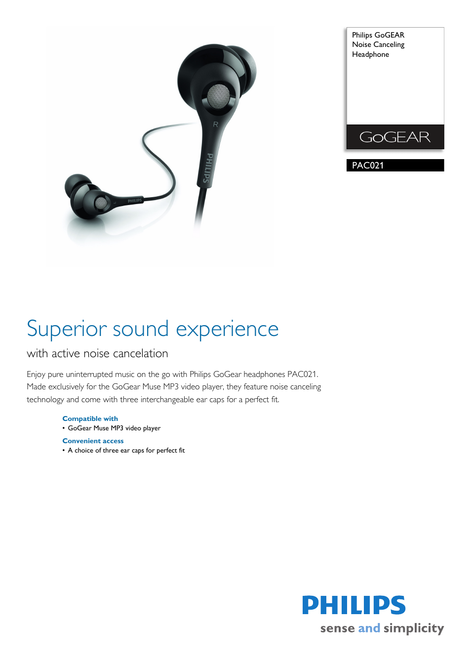 Philips GoGear Noise Canceling Headphone PAC021 User Manual | 2 pages