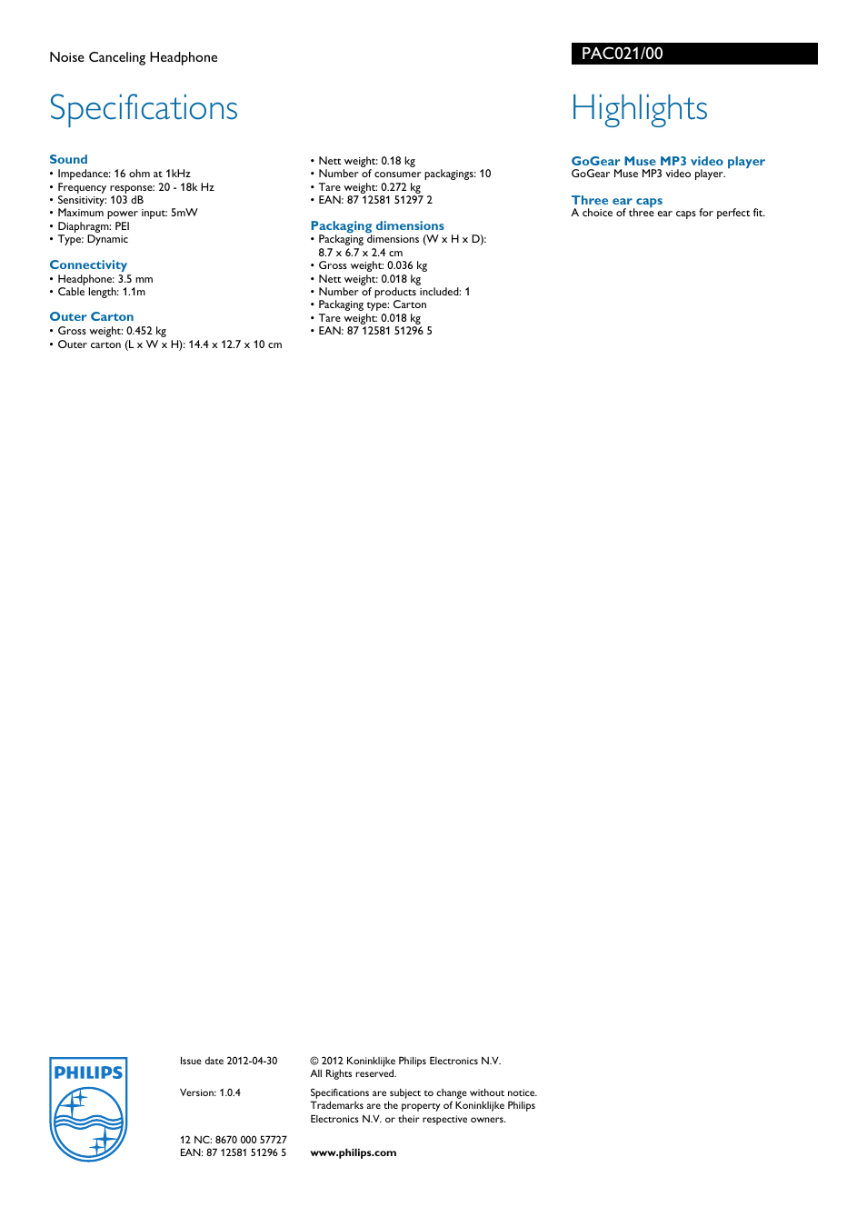 Specifications, Highlights | Philips GoGear Noise Canceling Headphone PAC021 User Manual | Page 2 / 2