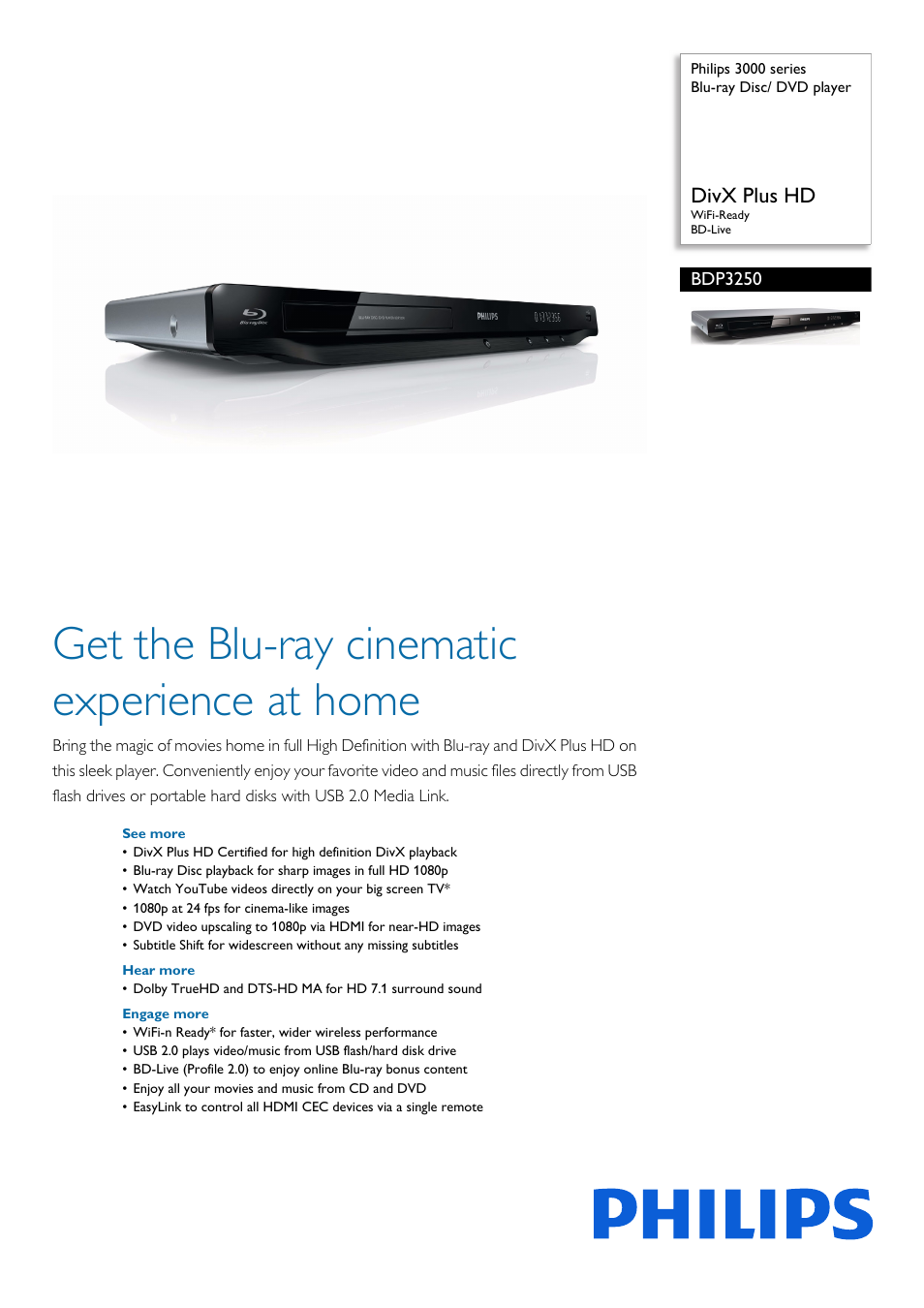 Philips 3000 series Blu-ray Disc- DVD player BDP3250 DivX Plus HD WiFi-Ready BD-Live User Manual | 3 pages