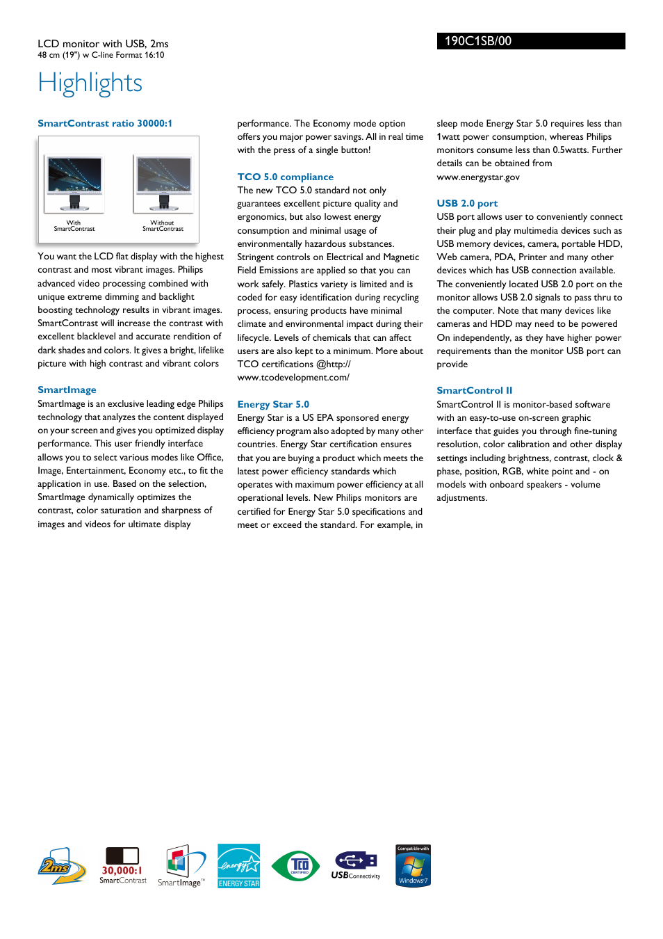 Highlights | Philips 190C1SB-00 User Manual | Page 2 / 3