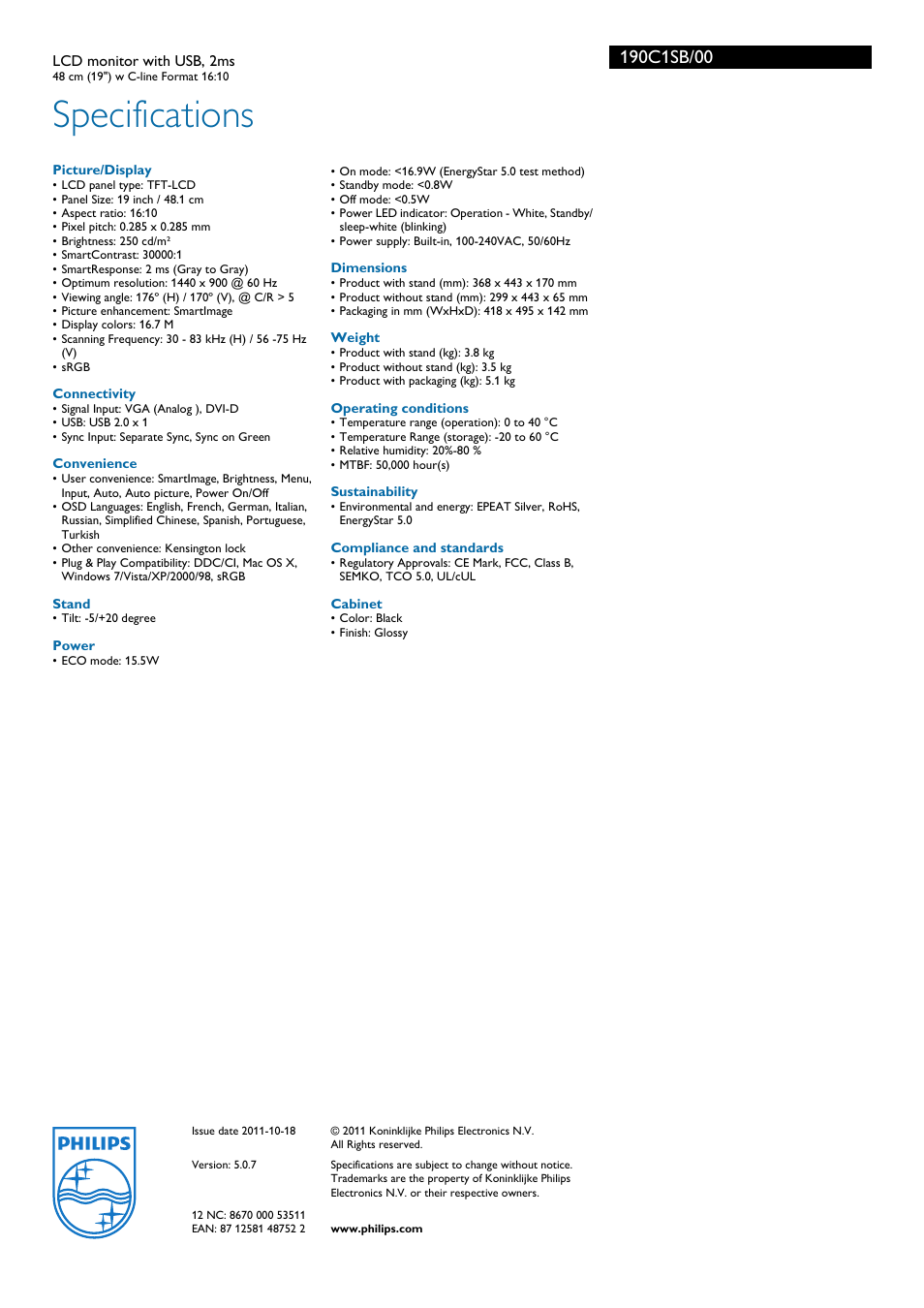Specifications | Philips 190C1SB-00 User Manual | Page 3 / 3