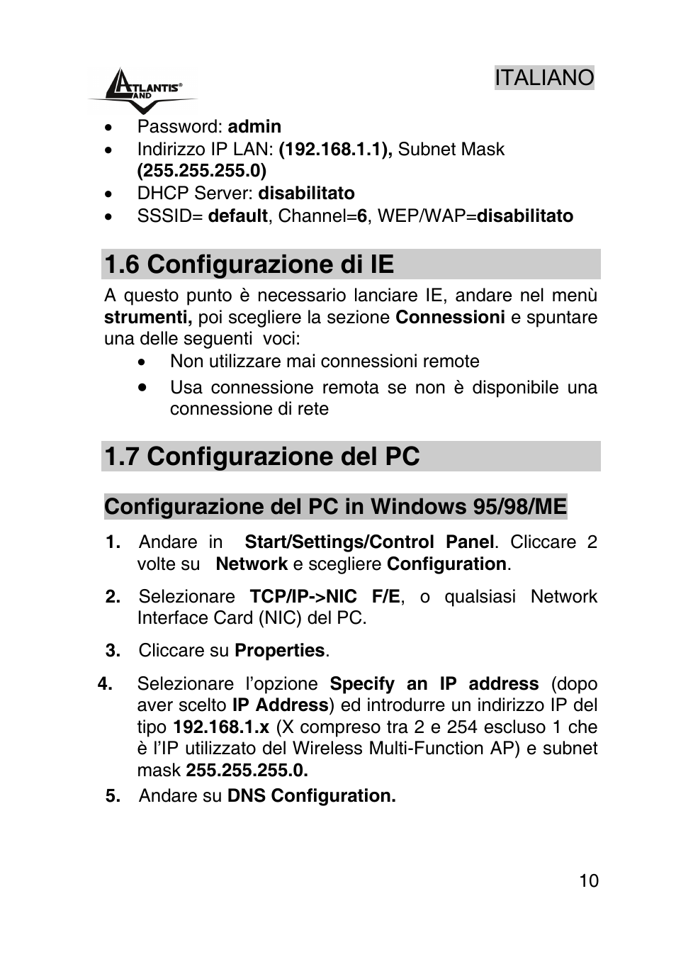 6 configurazione di ie, 7 configurazione del pc | Atlantis Land AP1-54 User Manual | Page 10 / 64