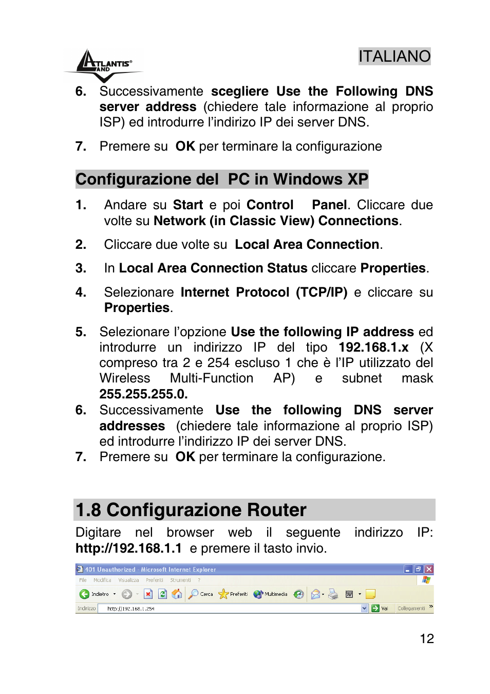 8 configurazione router, Italiano, Configurazione del pc in windows xp | Atlantis Land AP1-54 User Manual | Page 12 / 64