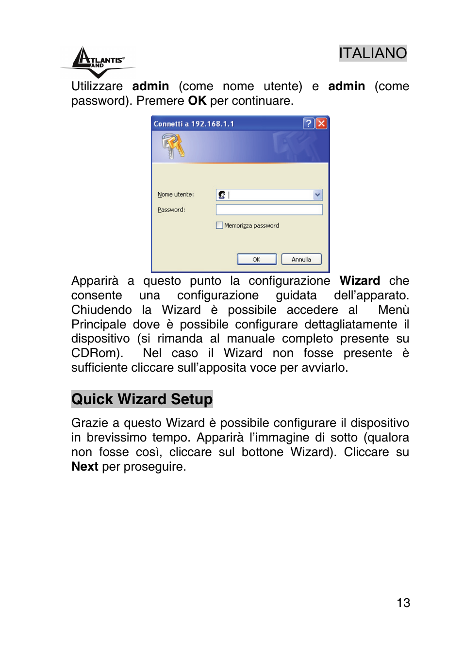 Italiano, Quick wizard setup | Atlantis Land AP1-54 User Manual | Page 13 / 64