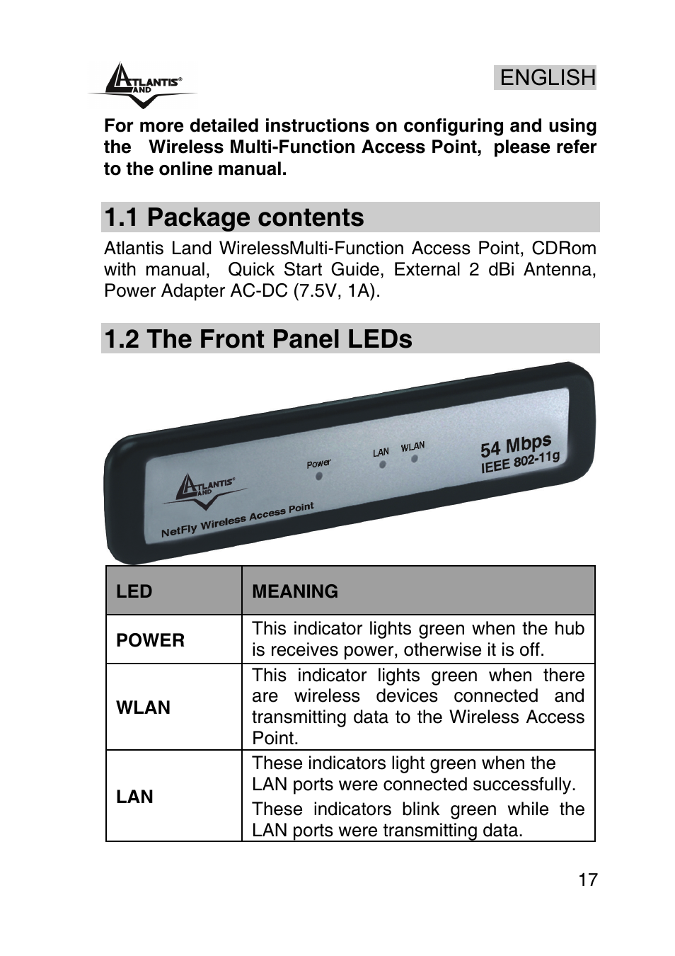 English, 1 package contents, 2 the front panel leds | Atlantis Land AP1-54 User Manual | Page 17 / 64