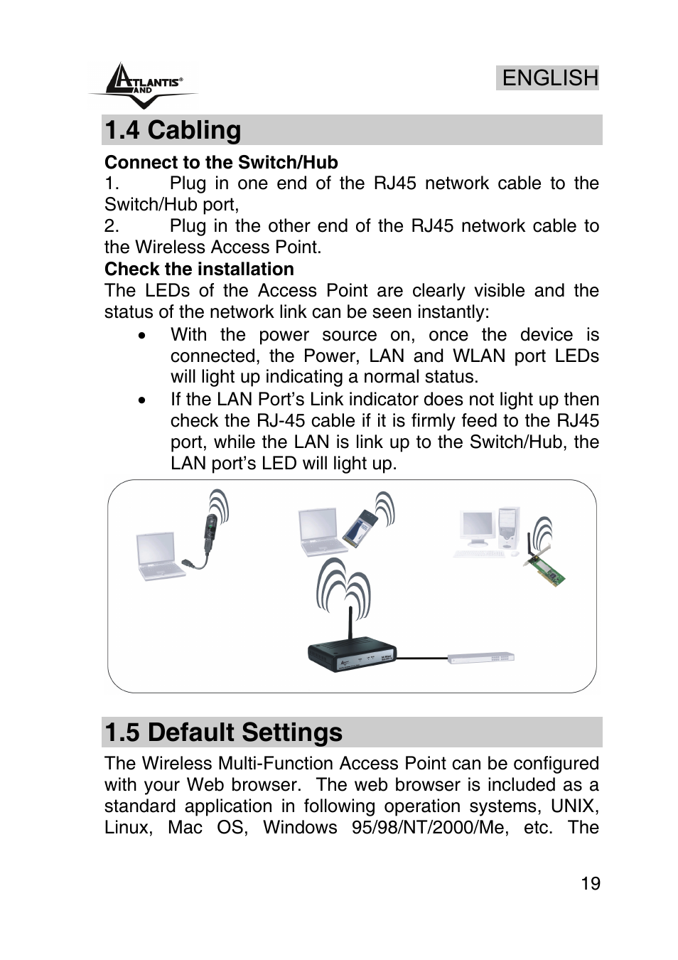 4 cabling, 5 default settings, English | Atlantis Land AP1-54 User Manual | Page 19 / 64