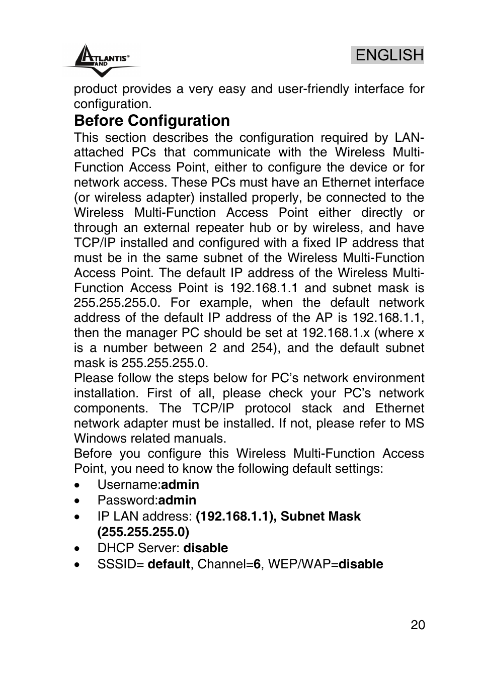 English, Before configuration | Atlantis Land AP1-54 User Manual | Page 20 / 64