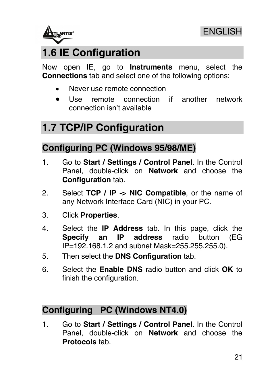 6 ie configuration, 7 tcp/ip configuration, English | Configuring pc (windows 95/98/me), Configuring pc (windows nt4.0) | Atlantis Land AP1-54 User Manual | Page 21 / 64