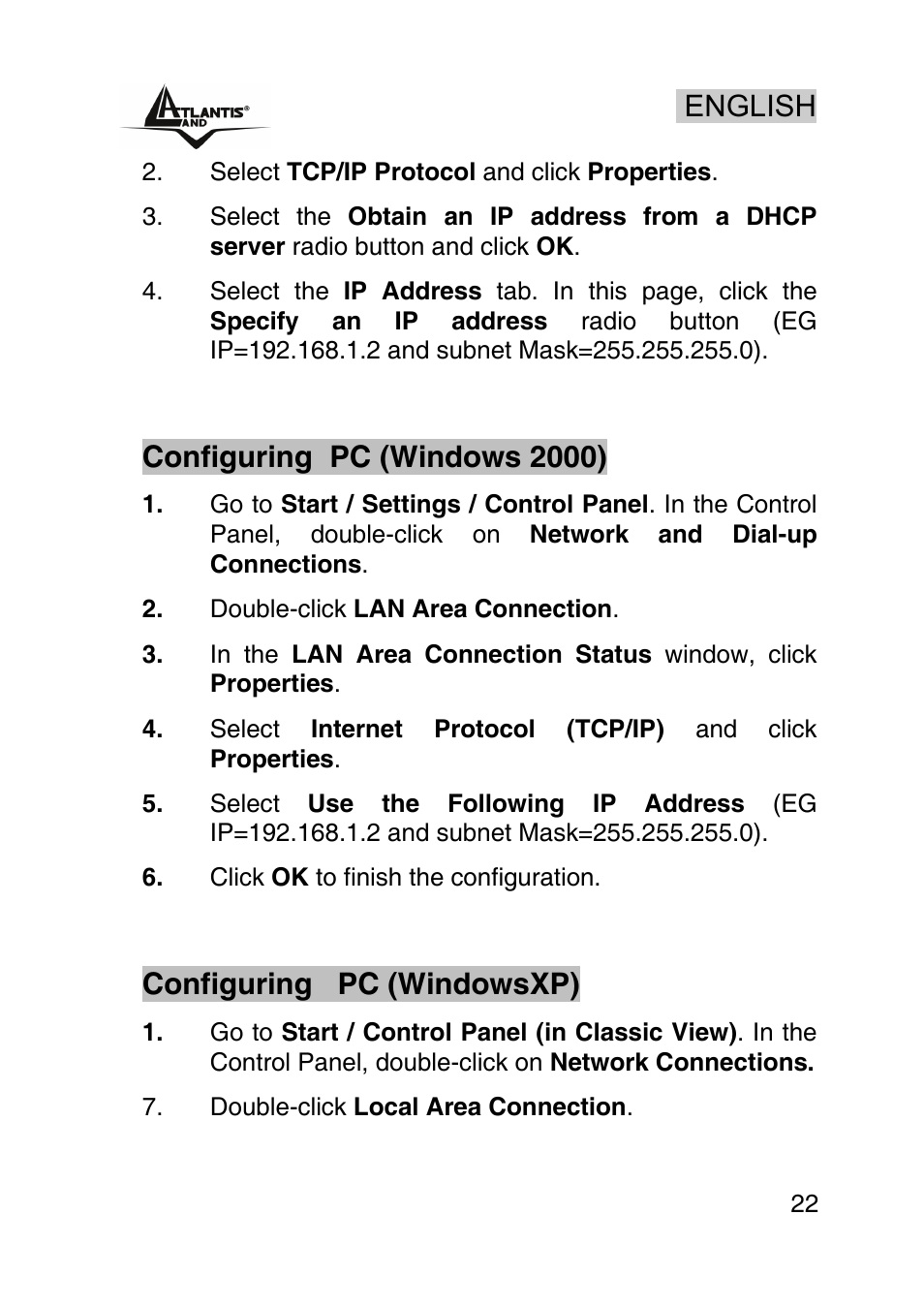 English, Configuring pc (windows 2000), Configuring pc (windowsxp) | Atlantis Land AP1-54 User Manual | Page 22 / 64