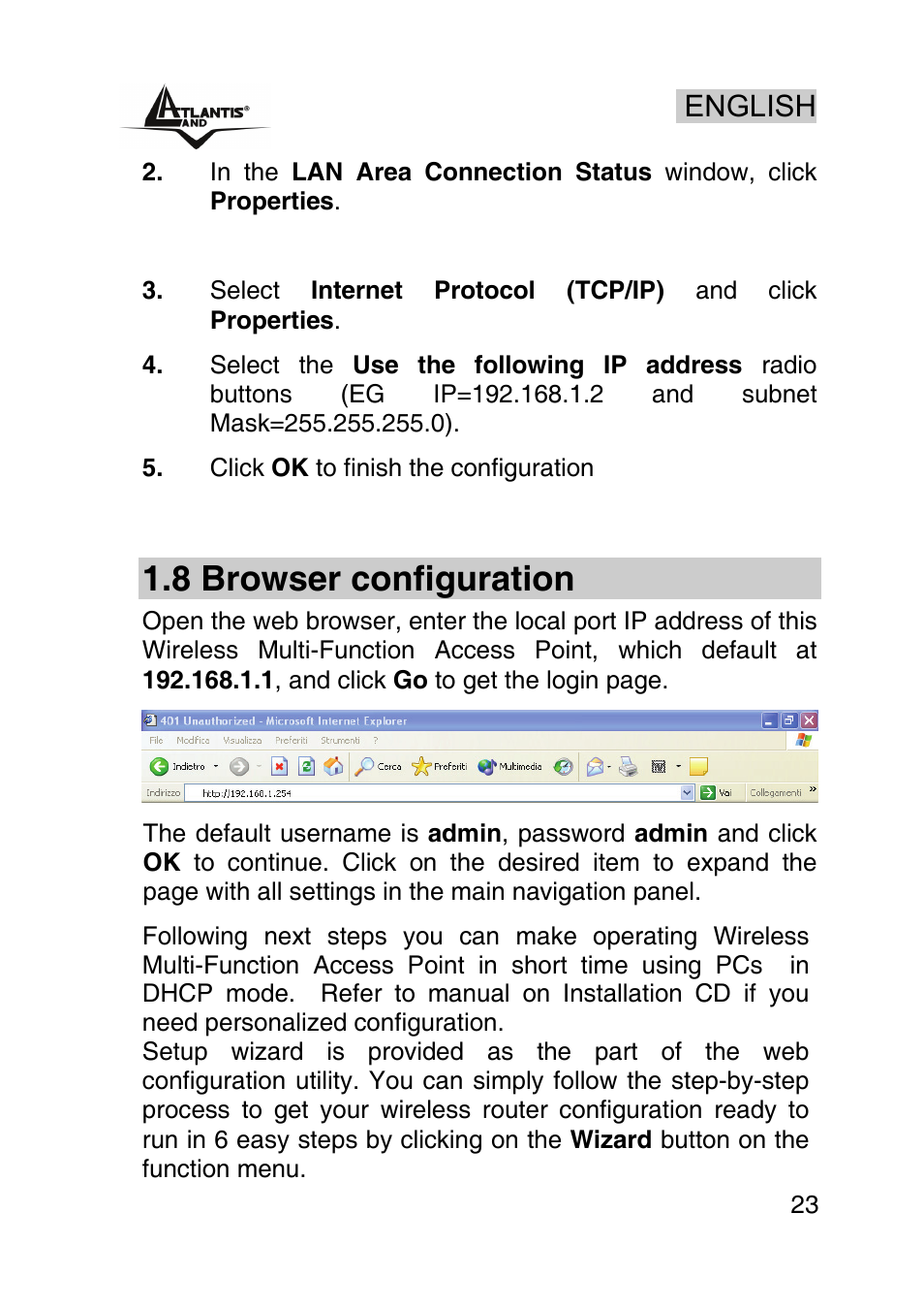 8 browser configuration, English | Atlantis Land AP1-54 User Manual | Page 23 / 64