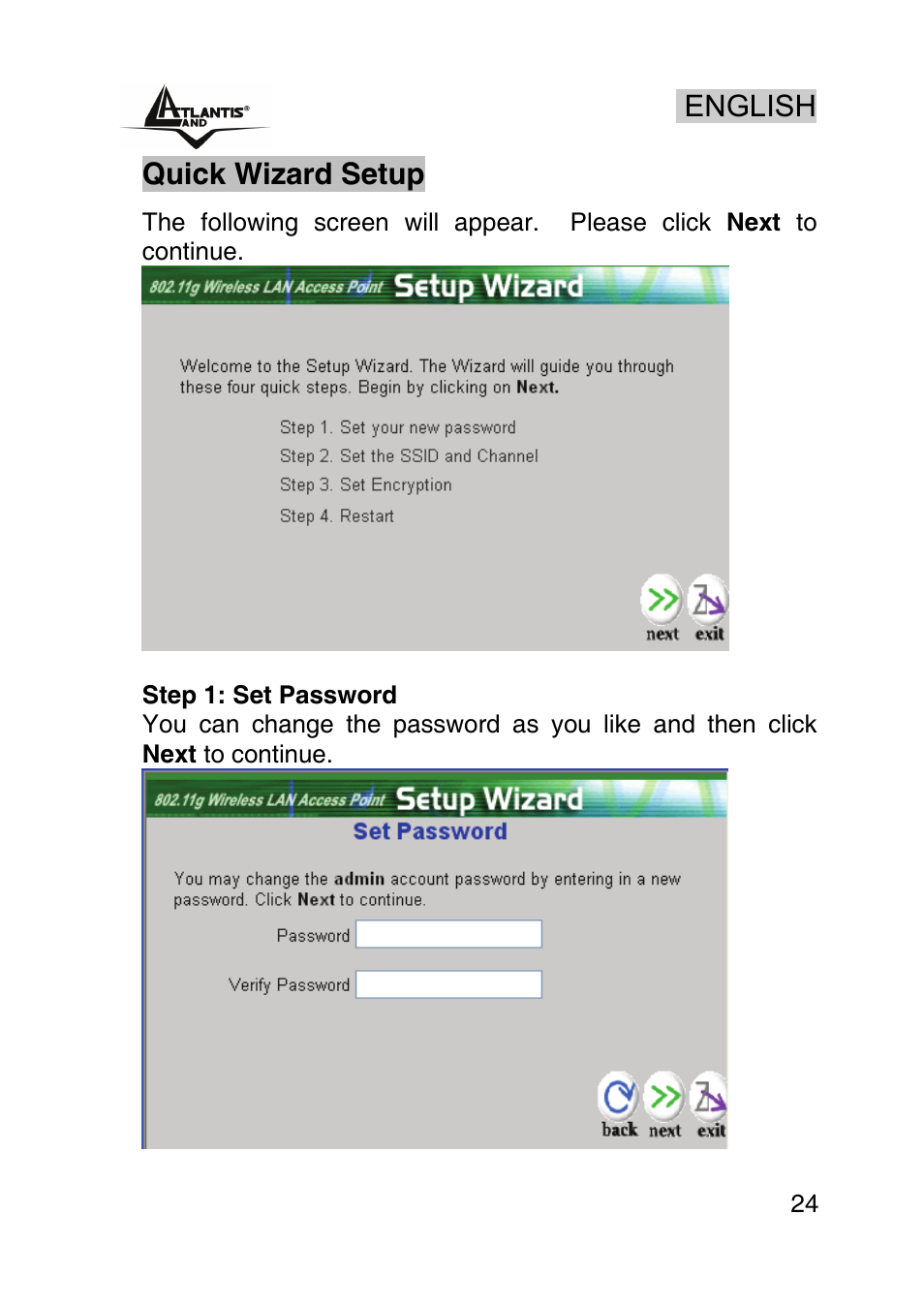 English, Quick wizard setup | Atlantis Land AP1-54 User Manual | Page 24 / 64