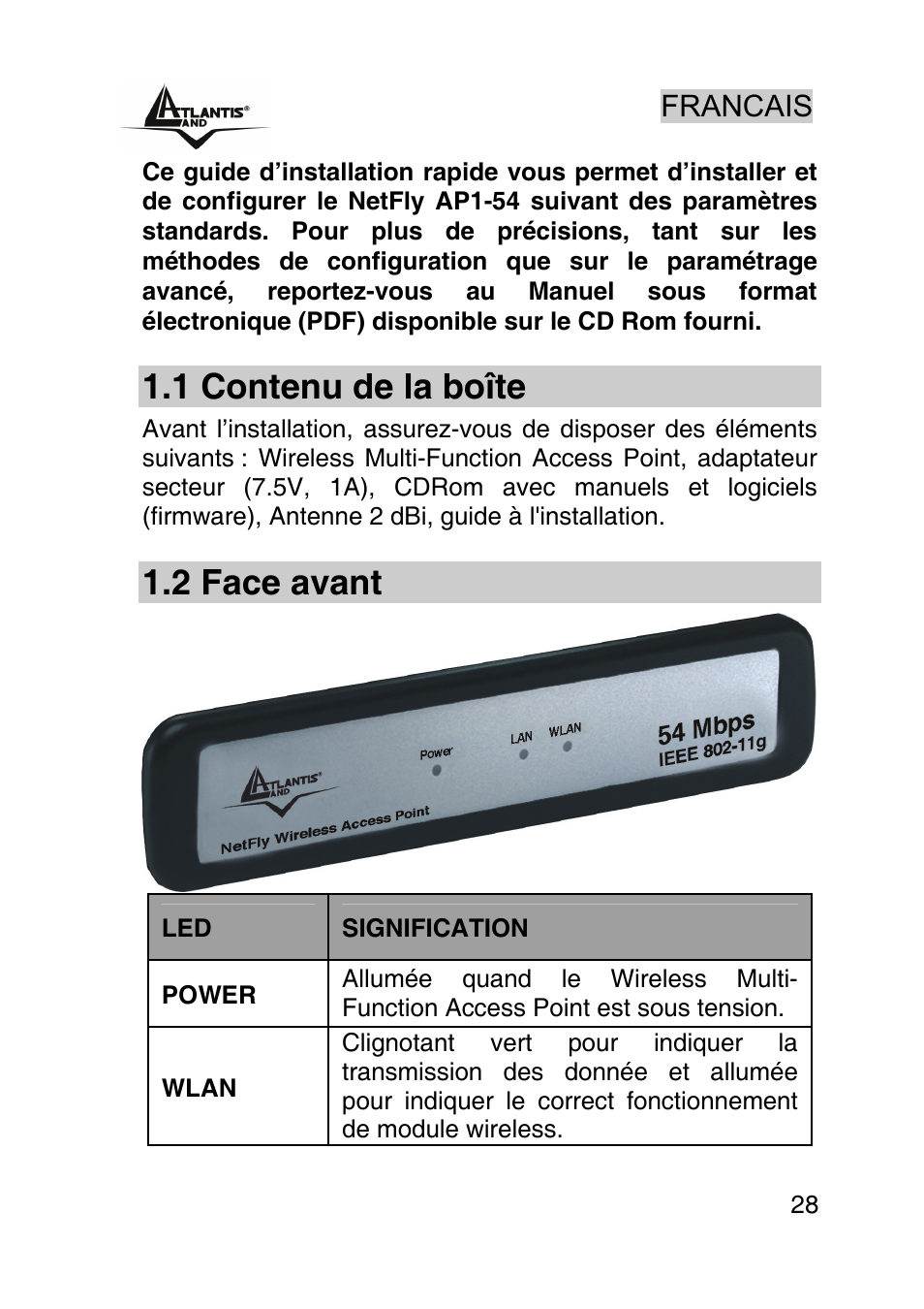Francais, 1 contenu de la boîte, 2 face avant | Atlantis Land AP1-54 User Manual | Page 28 / 64