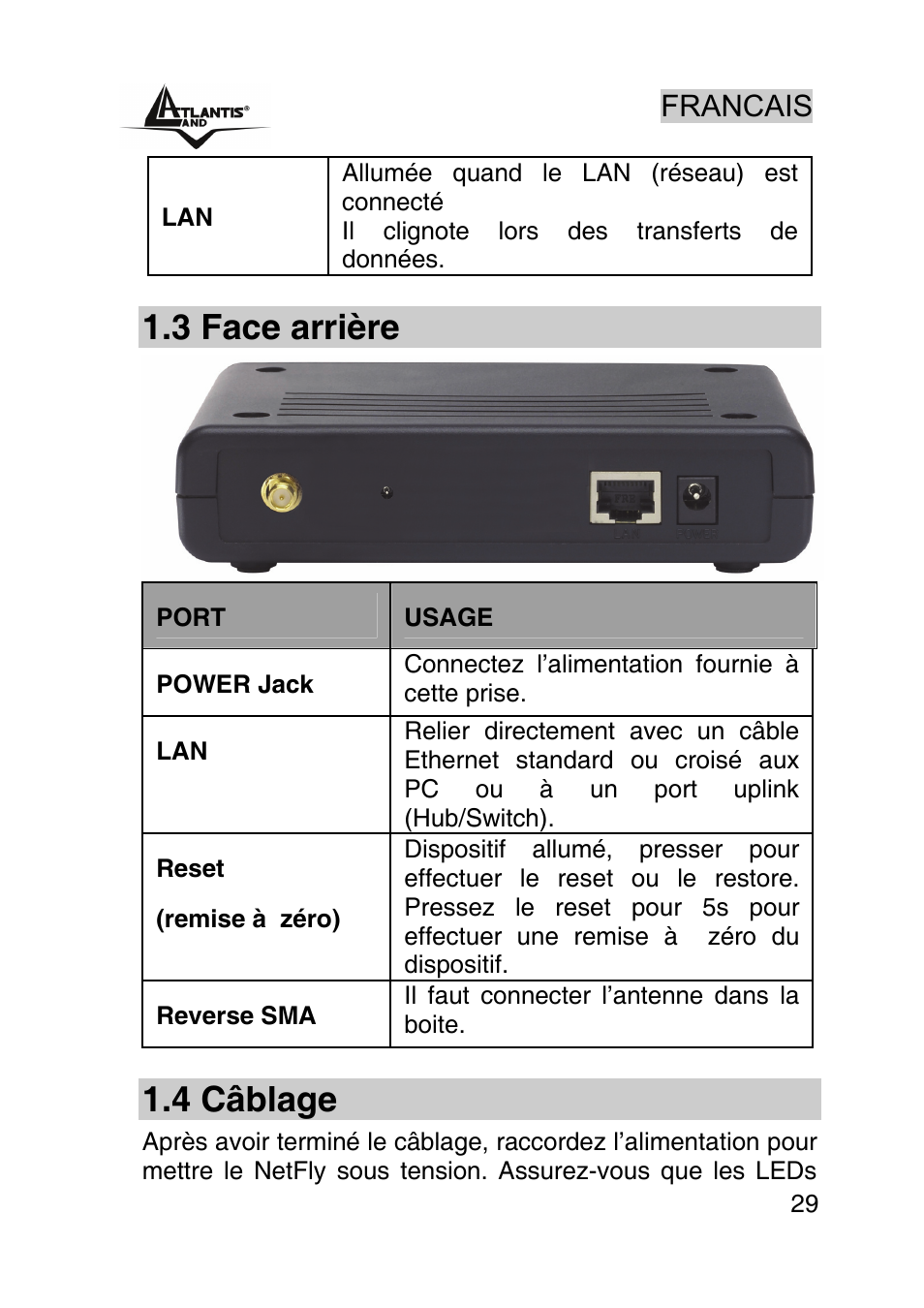 3 face arrière, 4 câblage, Francais | Atlantis Land AP1-54 User Manual | Page 29 / 64