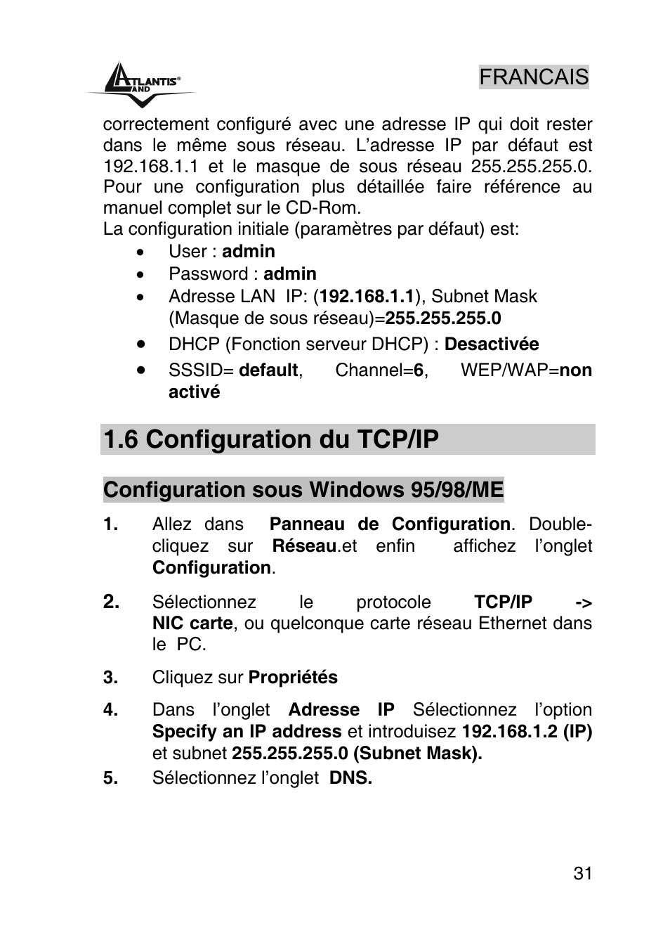 6 configuration du tcp/ip, Francais, Configuration sous windows 95/98/me | Atlantis Land AP1-54 User Manual | Page 31 / 64