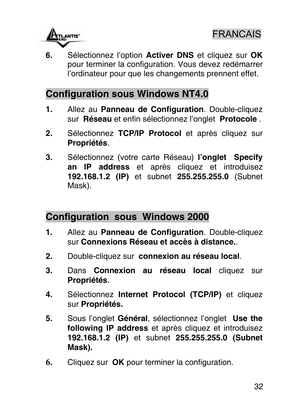 Francais, Configuration sous windows nt4.0, Configuration sous windows 2000 | Atlantis Land AP1-54 User Manual | Page 32 / 64