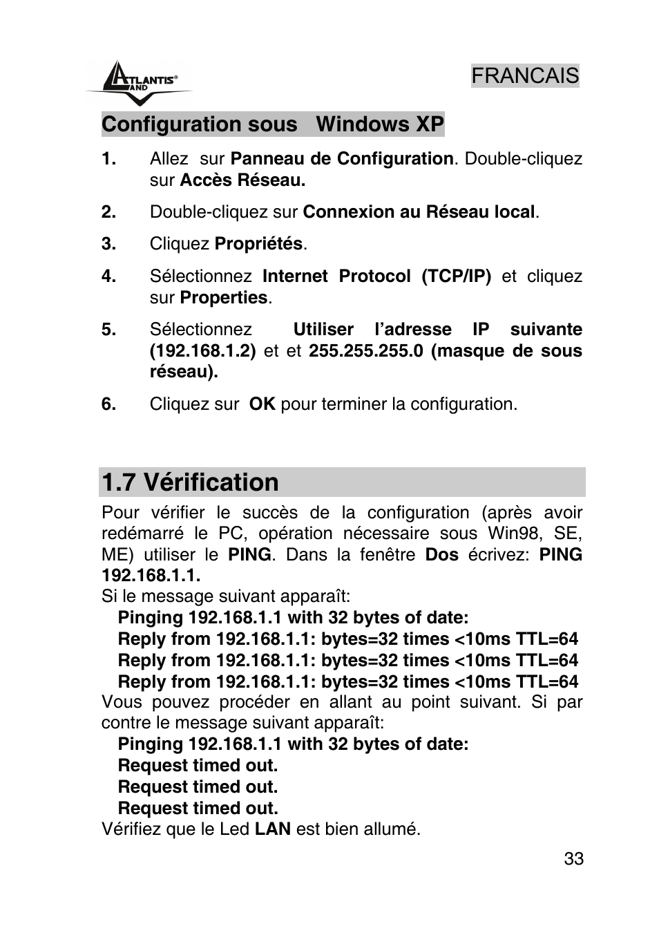 7 vérification, Francais, Configuration sous windows xp | Atlantis Land AP1-54 User Manual | Page 33 / 64