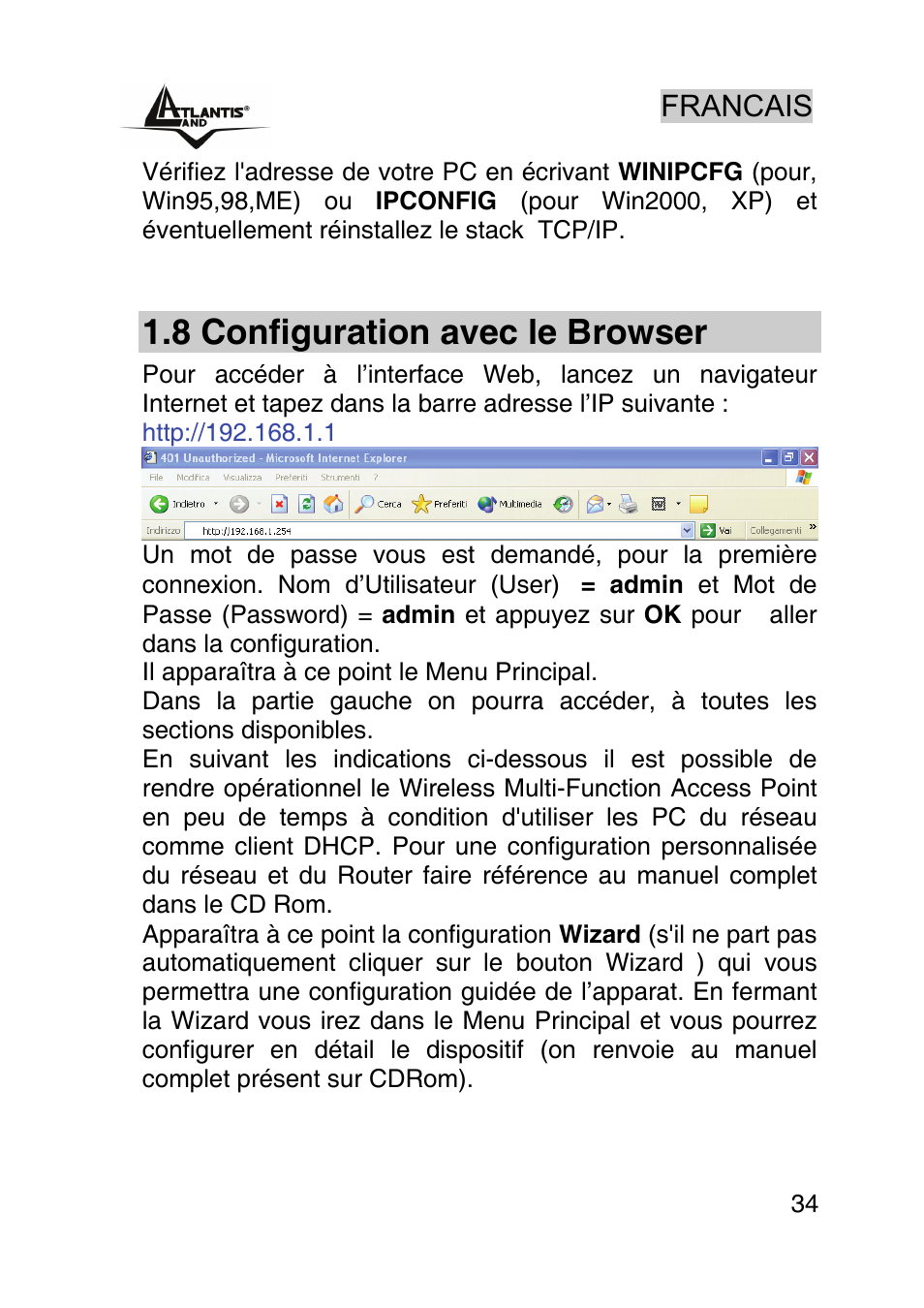 8 configuration avec le browser | Atlantis Land AP1-54 User Manual | Page 34 / 64