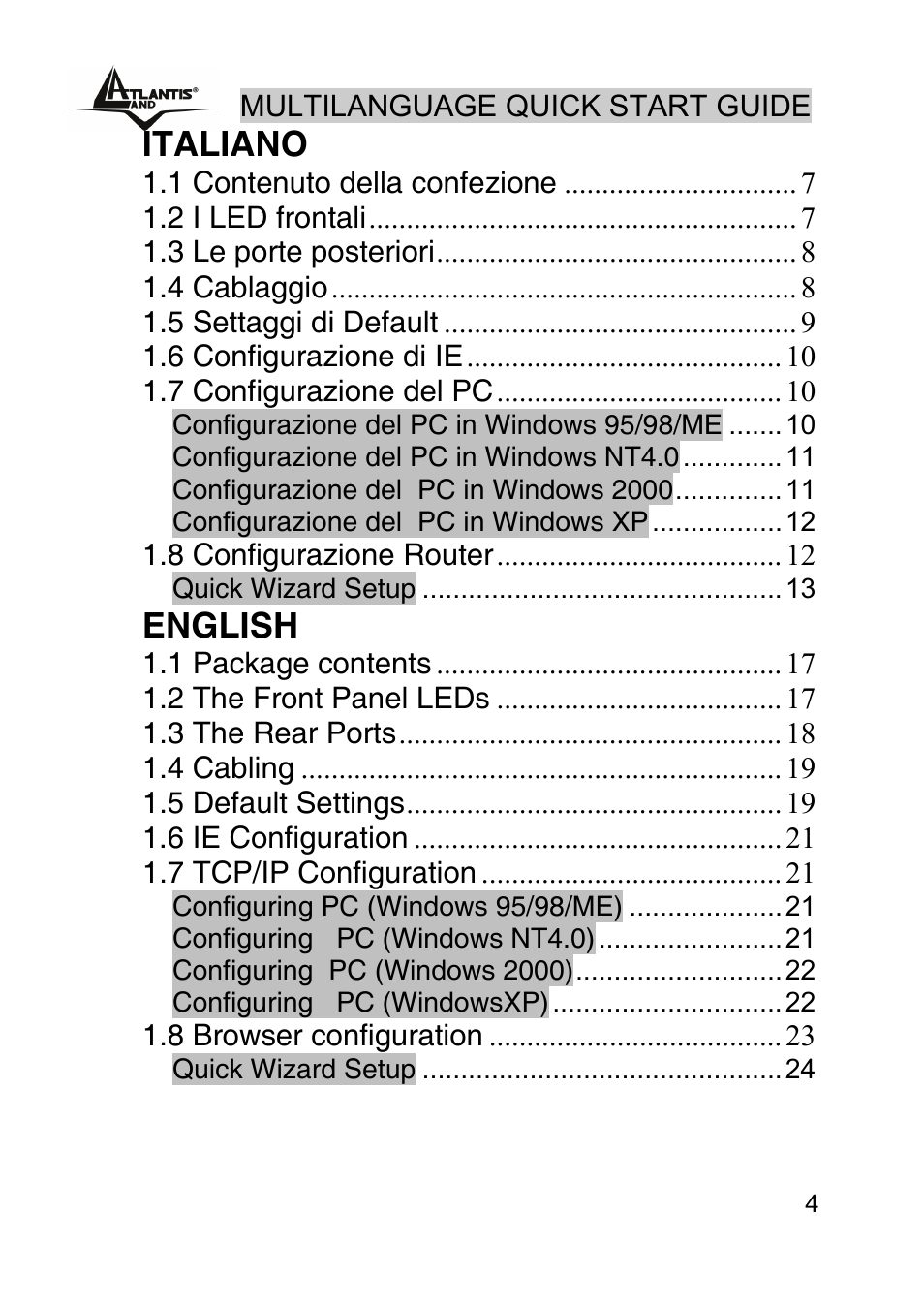 Index, Italiano, English | Atlantis Land AP1-54 User Manual | Page 4 / 64