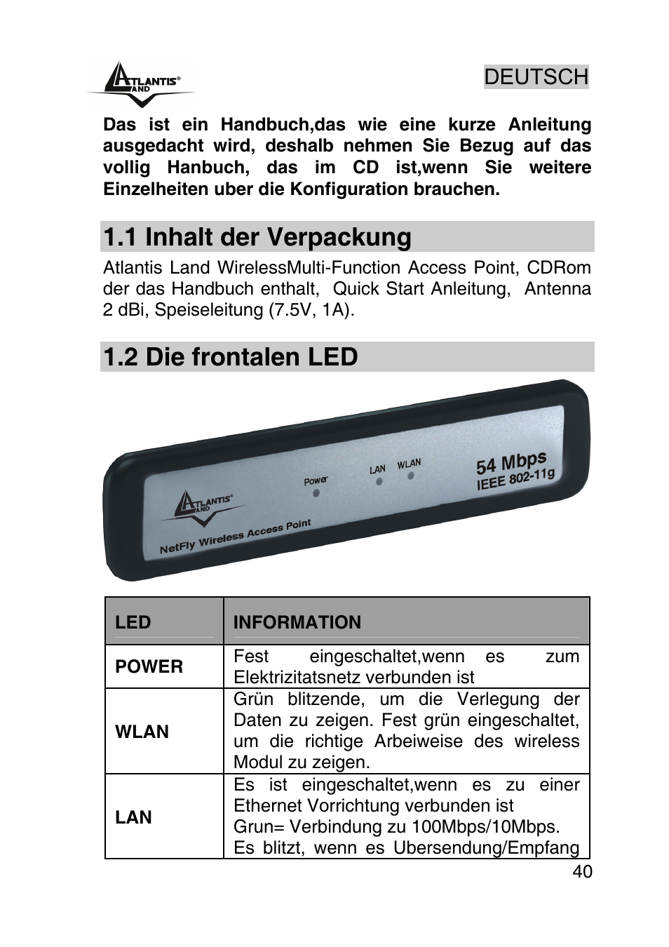 Deutsch, 1 inhalt der verpackung, 2 die frontalen led | Atlantis Land AP1-54 User Manual | Page 40 / 64