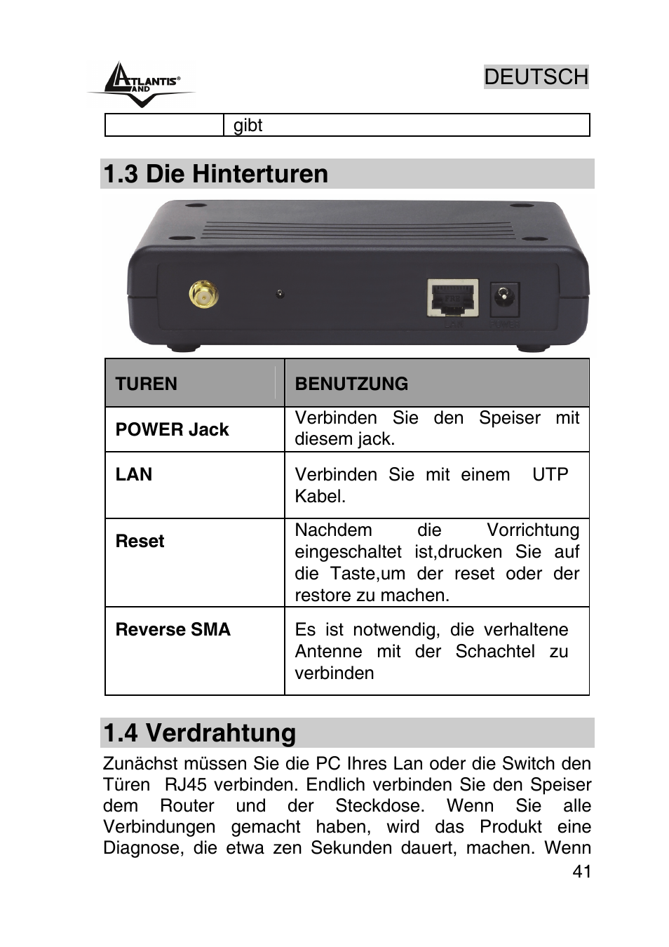 3 die hinterturen, 4 verdrahtung, Deutsch | Atlantis Land AP1-54 User Manual | Page 41 / 64