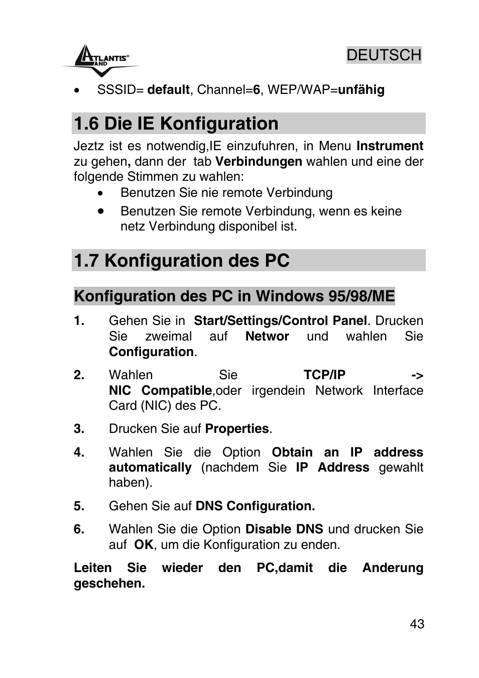 6 die ie konfiguration, 7 konfiguration des pc, Deutsch | Konfiguration des pc in windows 95/98/me | Atlantis Land AP1-54 User Manual | Page 43 / 64