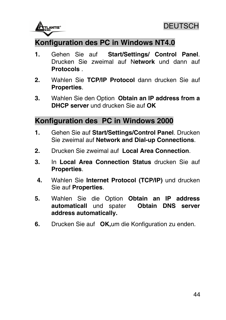 Deutsch, Konfiguration des pc in windows nt4.0, Konfiguration des pc in windows 2000 | Atlantis Land AP1-54 User Manual | Page 44 / 64