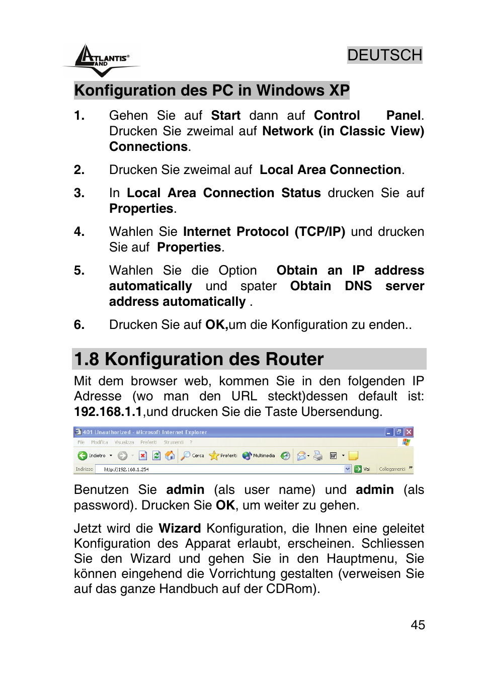 8 konfiguration des router, Deutsch, Konfiguration des pc in windows xp | Atlantis Land AP1-54 User Manual | Page 45 / 64