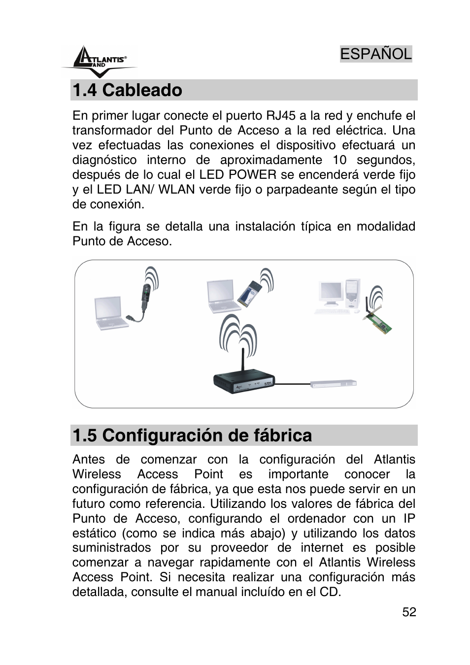 4 cableado, 5 configuración de fábrica | Atlantis Land AP1-54 User Manual | Page 52 / 64