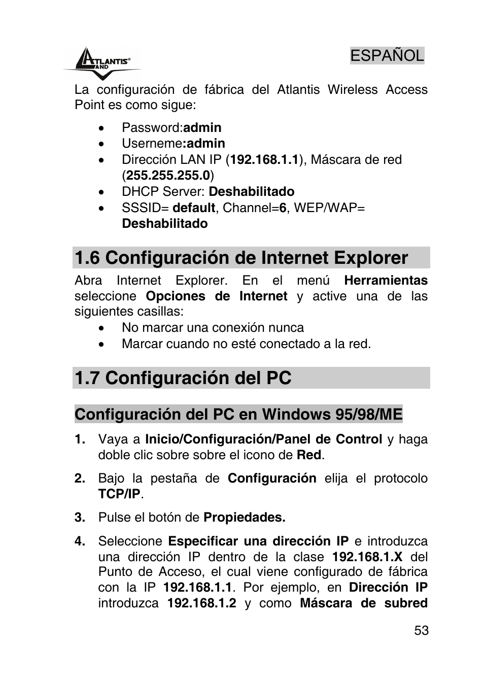 6 configuración de internet explorer, 7 configuración del pc, Español | Configuración del pc en windows 95/98/me | Atlantis Land AP1-54 User Manual | Page 53 / 64