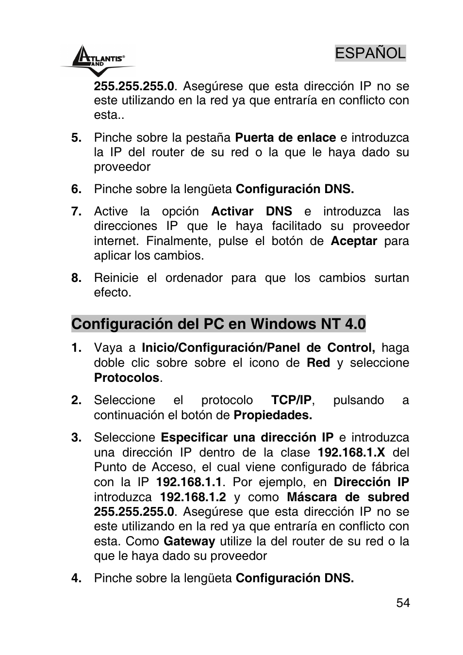 Español, Configuración del pc en windows nt 4.0 | Atlantis Land AP1-54 User Manual | Page 54 / 64