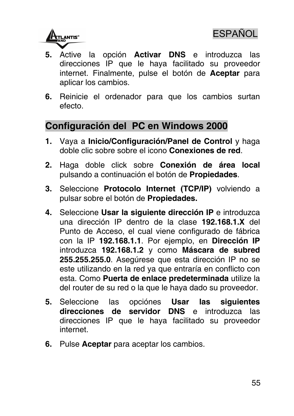 Español, Configuración del pc en windows 2000 | Atlantis Land AP1-54 User Manual | Page 55 / 64