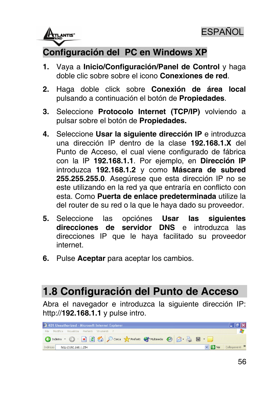 8 configuración del punto de acceso, Español, Configuración del pc en windows xp | Atlantis Land AP1-54 User Manual | Page 56 / 64
