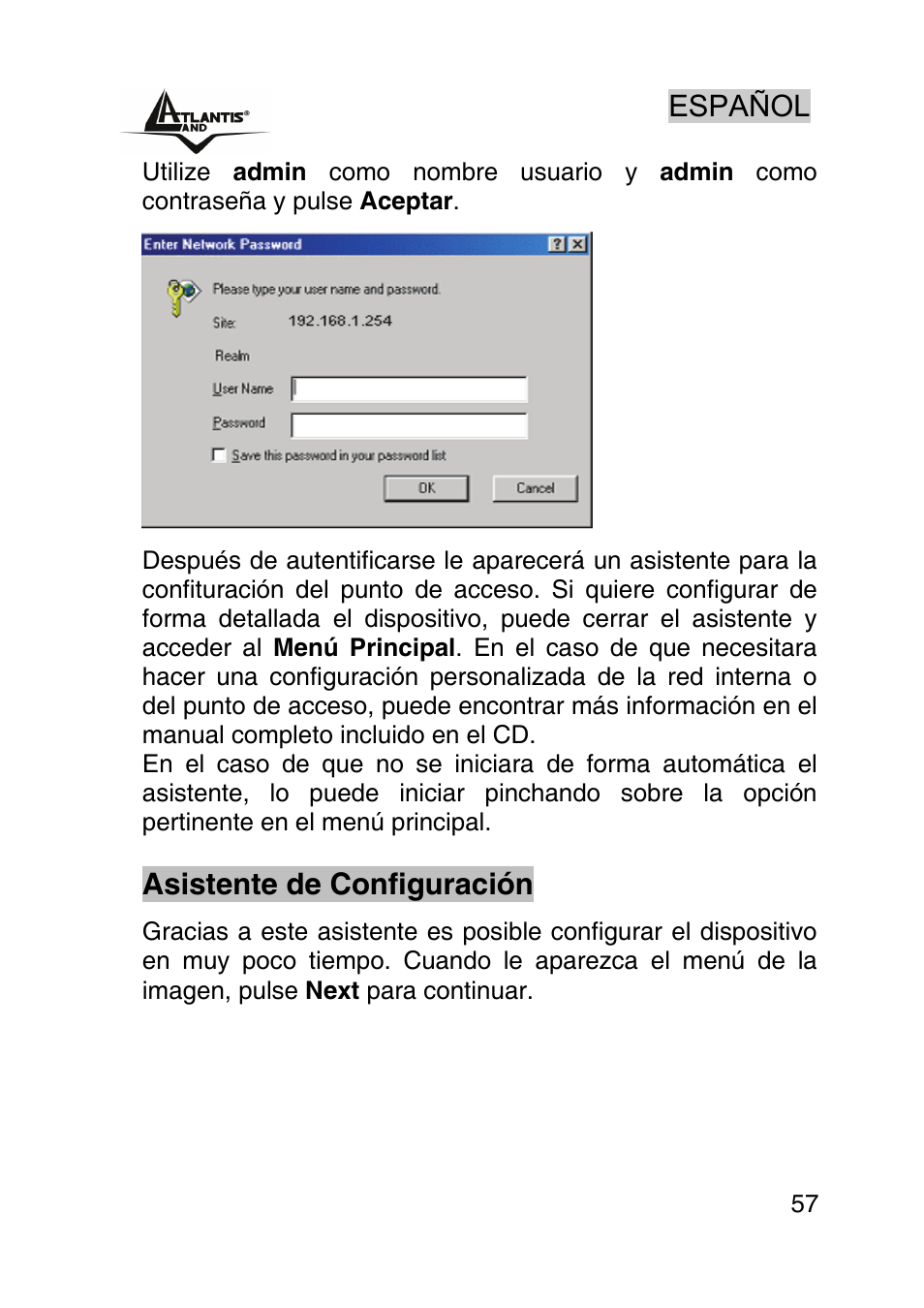 Español, Asistente de configuración | Atlantis Land AP1-54 User Manual | Page 57 / 64