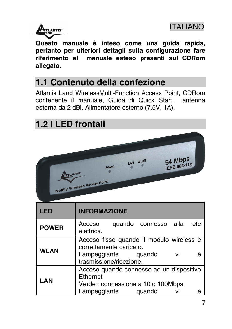 Italiano, 1 contenuto della confezione, 2 i led frontali | Atlantis Land AP1-54 User Manual | Page 7 / 64