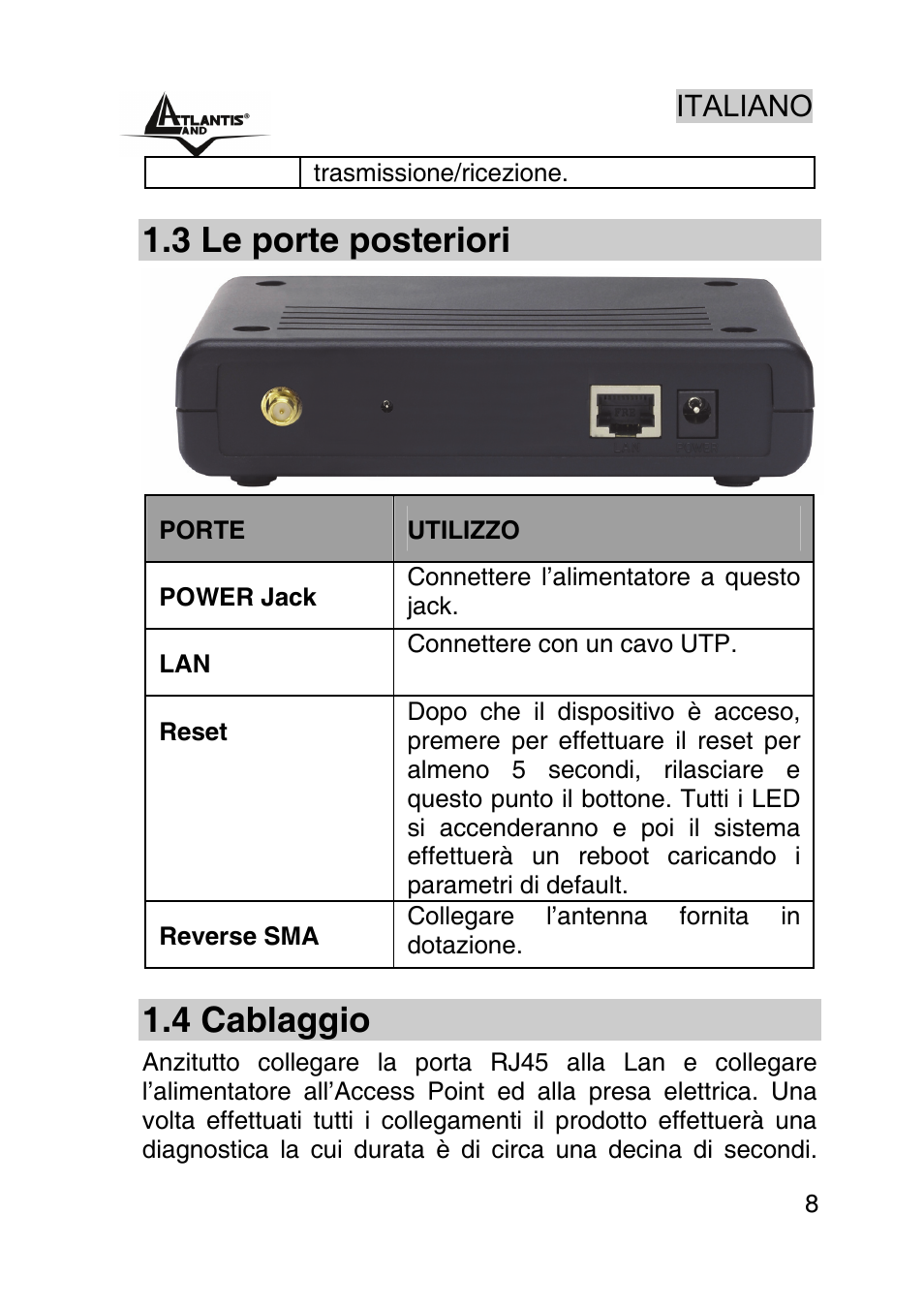 3 le porte posteriori, 4 cablaggio, Italiano | Atlantis Land AP1-54 User Manual | Page 8 / 64