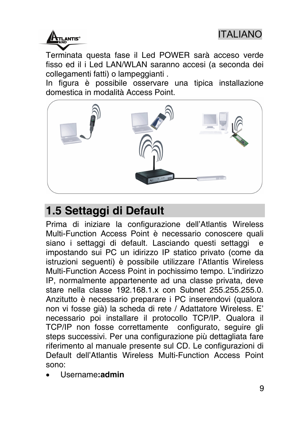 5 settaggi di default | Atlantis Land AP1-54 User Manual | Page 9 / 64