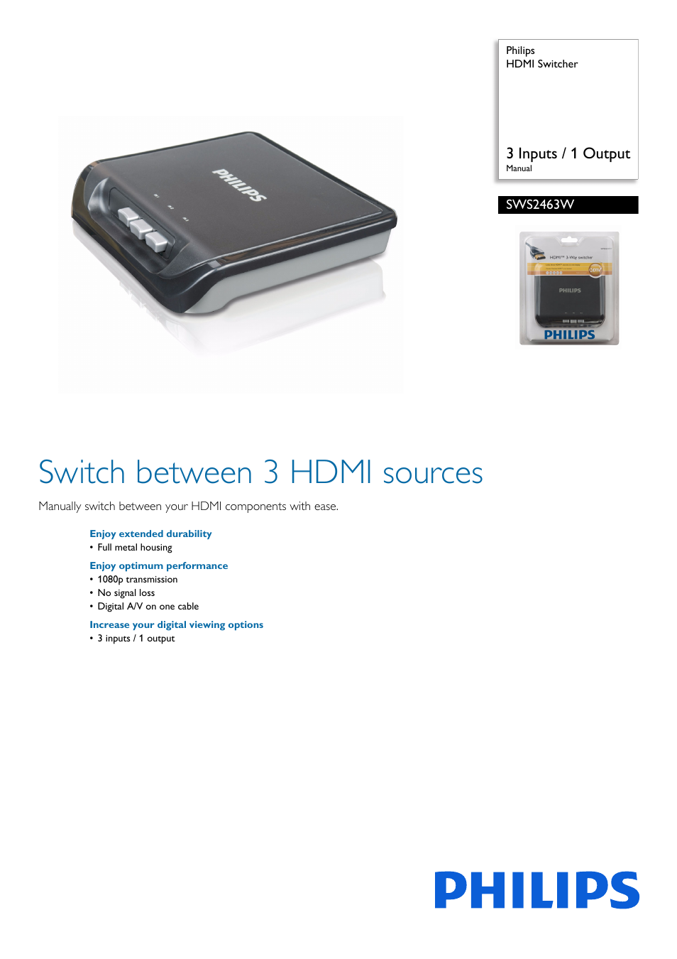 Philips HDMI Switcher SWS2463W 3 Inputs - 1 Output Manual User Manual | 2 pages