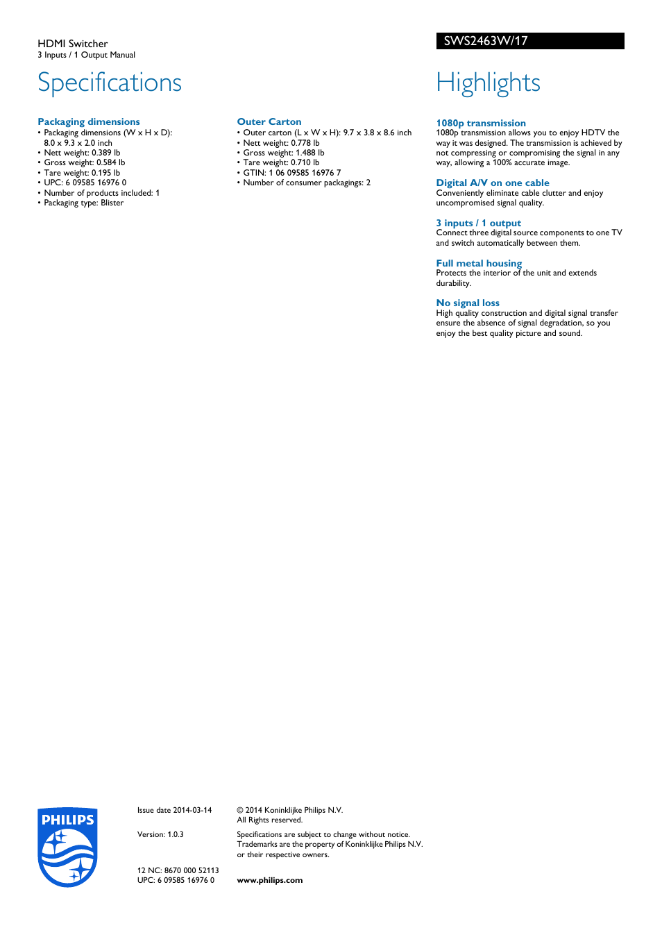 Specifications, Highlights | Philips HDMI Switcher SWS2463W 3 Inputs - 1 Output Manual User Manual | Page 2 / 2